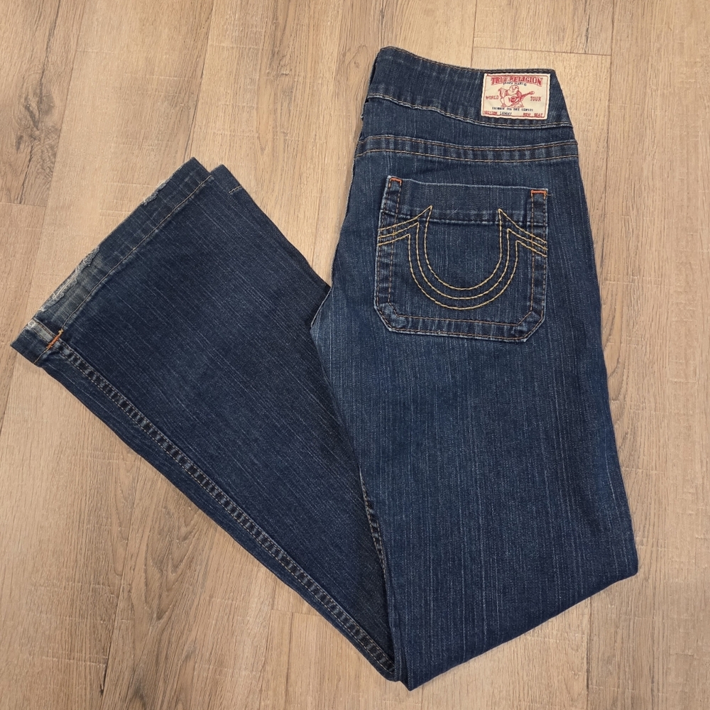 True Religion Womens Sz 31 Tall Jeans Flare Low Rise Med Wash Horse Shoe Stitch